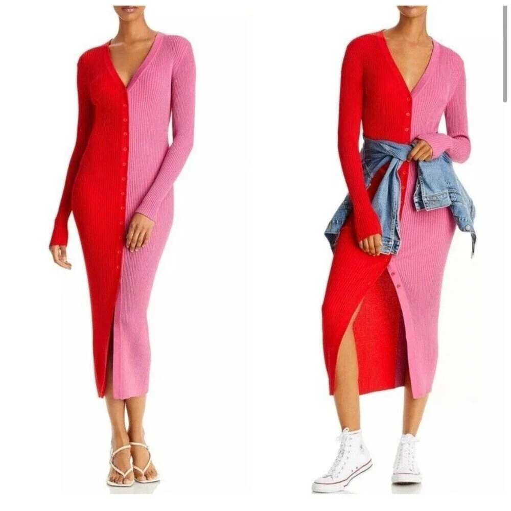 STAUD Shoko Colorblock Lurex Ribbed Long Sleeve Sweater Dress Medium Lava Peony - Picture 4 of 10